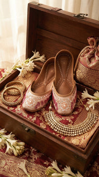 Mirage Blush Pink Mirror Work Jutti by Radiarte – Styled in Wooden Trousseau Box with Jewellery
