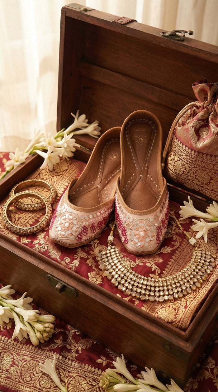 Mirage Blush Pink Mirror Work Jutti by Radiarte – Styled in Wooden Trousseau Box with Jewellery