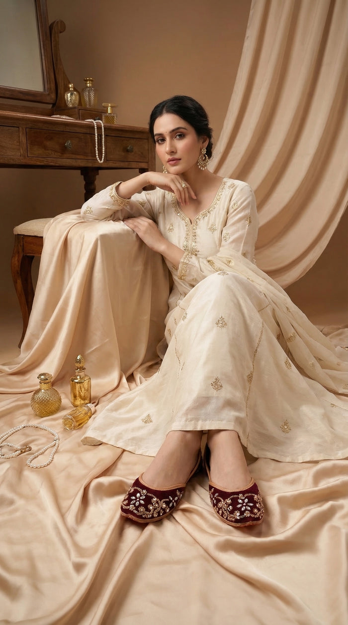 Crimson Maroon Velvet Jutti worn with Ivory Anarkali – Radiarte Bridal Footwear