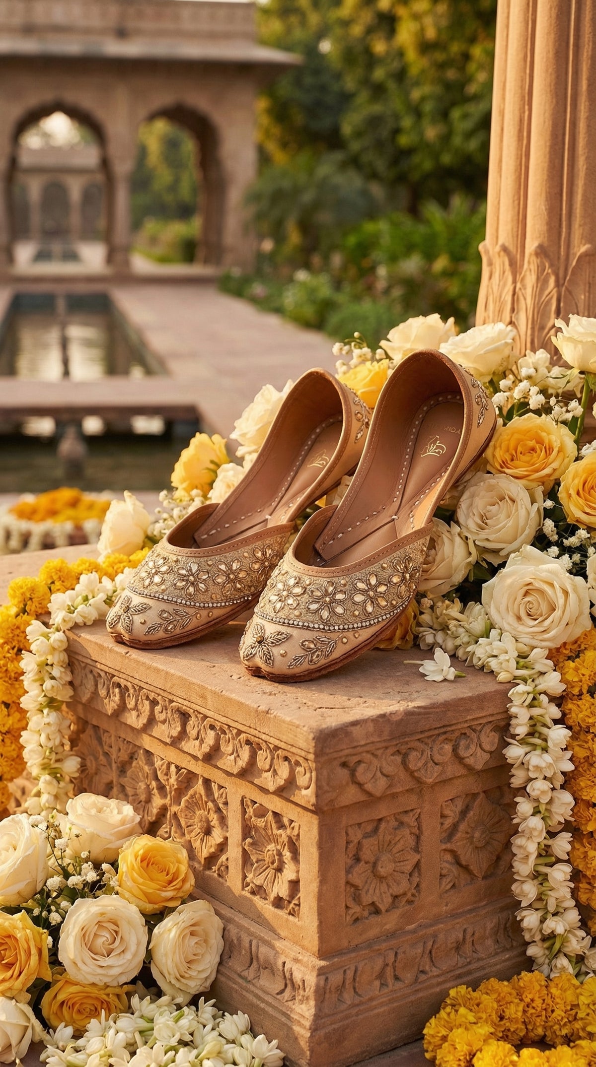 Kanak Handcrafted Gold Jutti on Carved Pedestal – Floral Backdrop by Radiarte