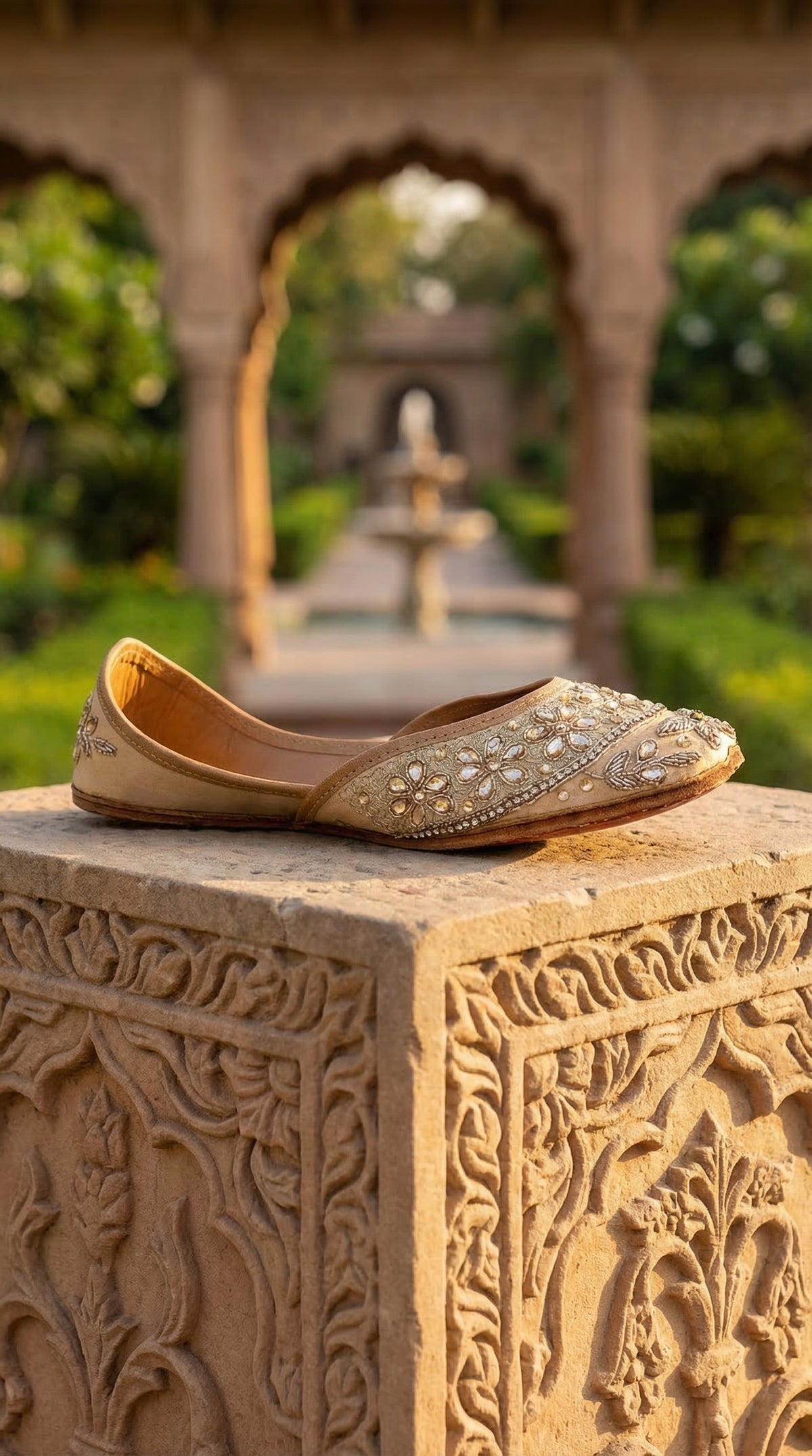 Kanak Champagne Kundan Floral Jutti – Side View at Mughal Garden by Radiarte