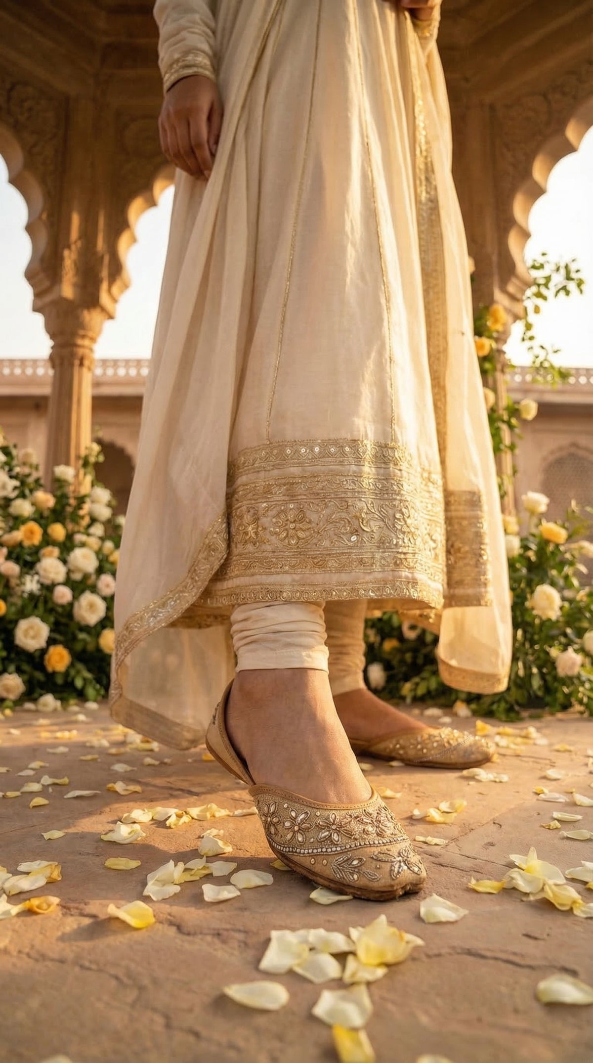 Kanak Champagne Jutti worn with Ivory Anarkali at Heritage Venue – Radiarte Bridal Footwear