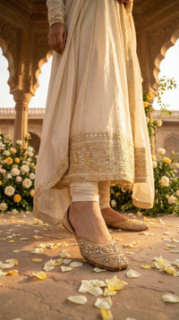Kanak Champagne Jutti worn with Ivory Anarkali at Heritage Venue – Radiarte Bridal Footwear