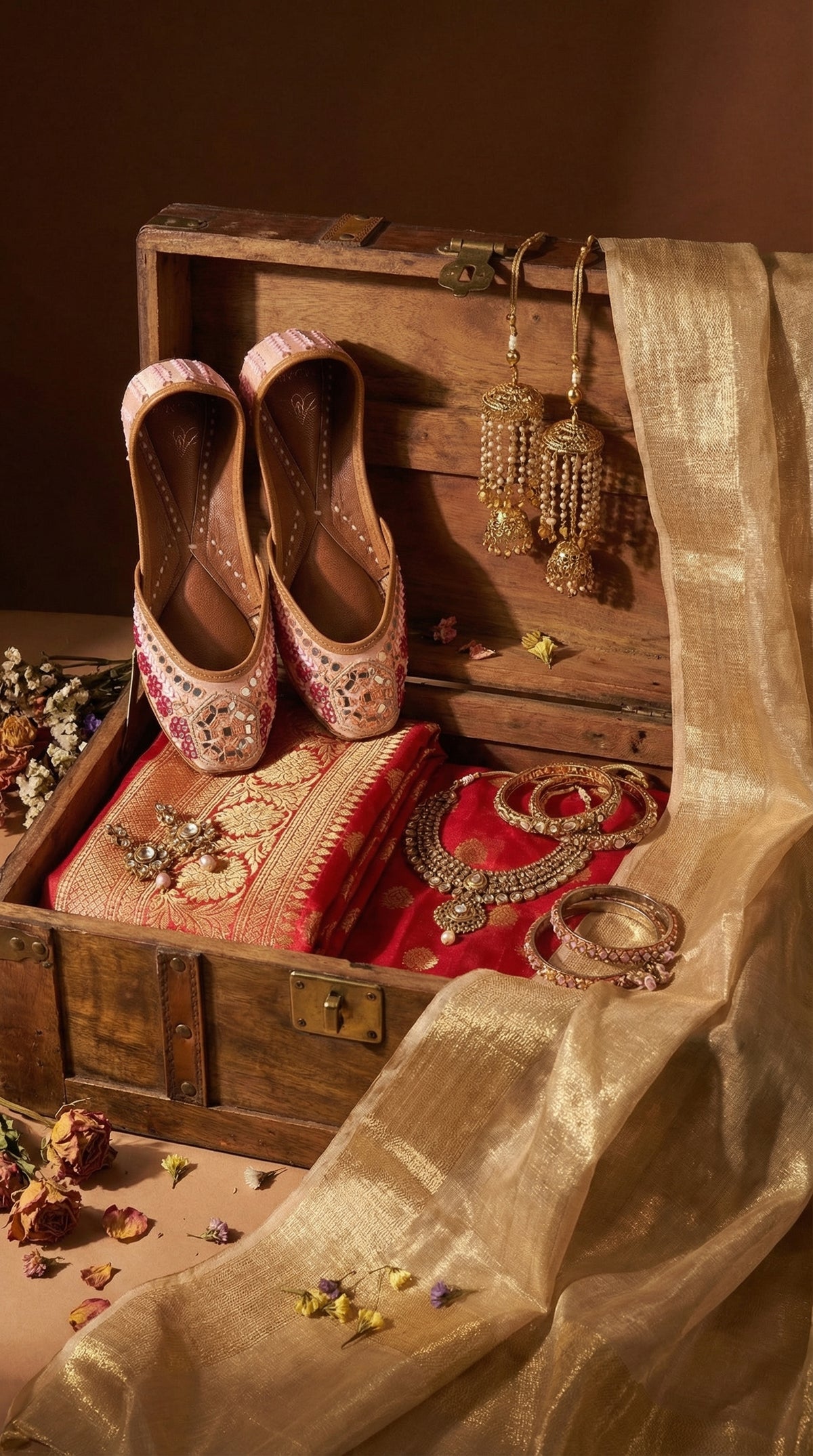 Mirage Handcrafted Pink Jutti with Mirror Work – Side View in Heritage Chest with Gold Dupatta by Radiarte