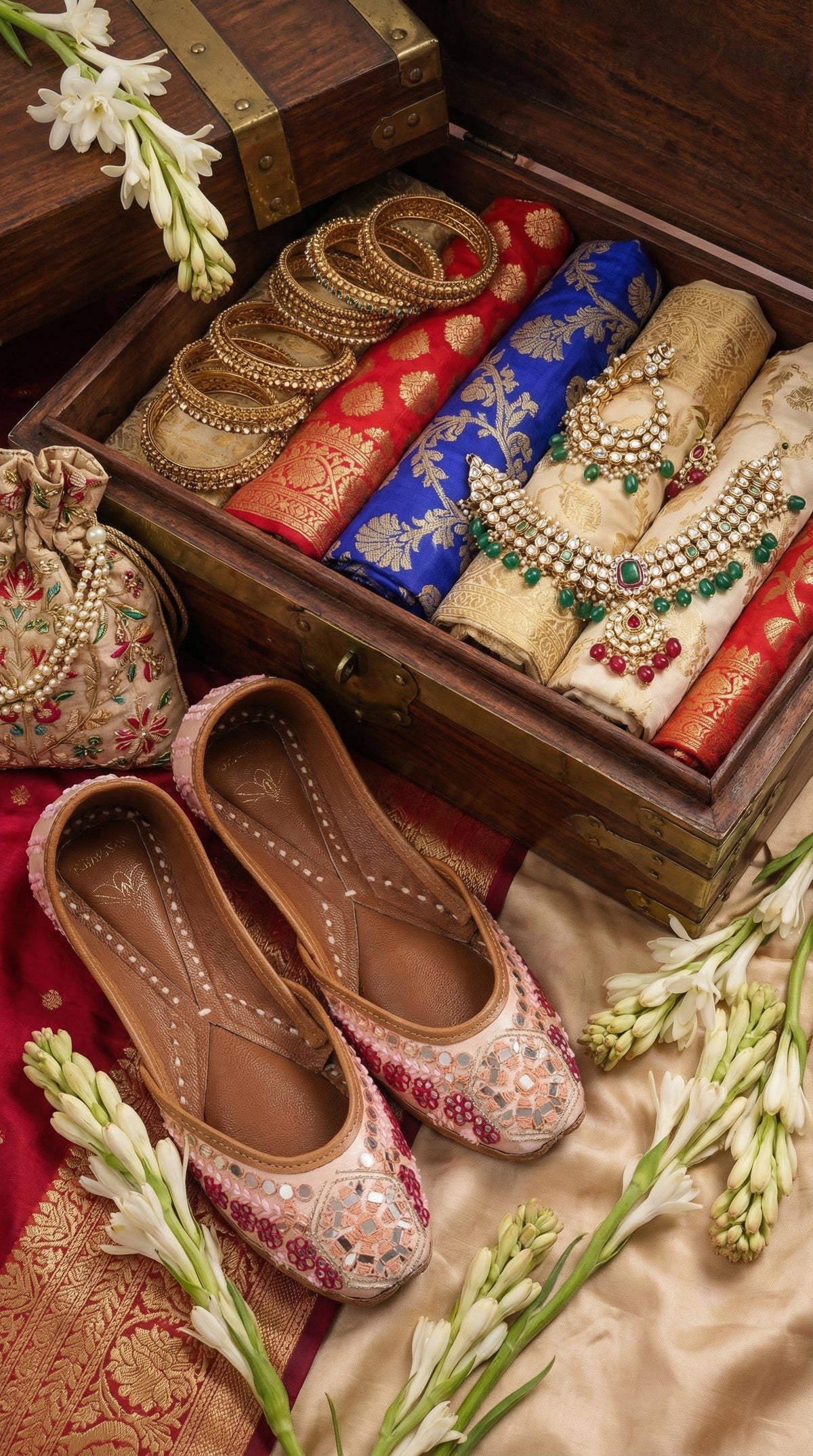Mirage Blush Jutti Pair – Flat Lay with Banarasi Sarees & Bridal Jewellery by Radiarte