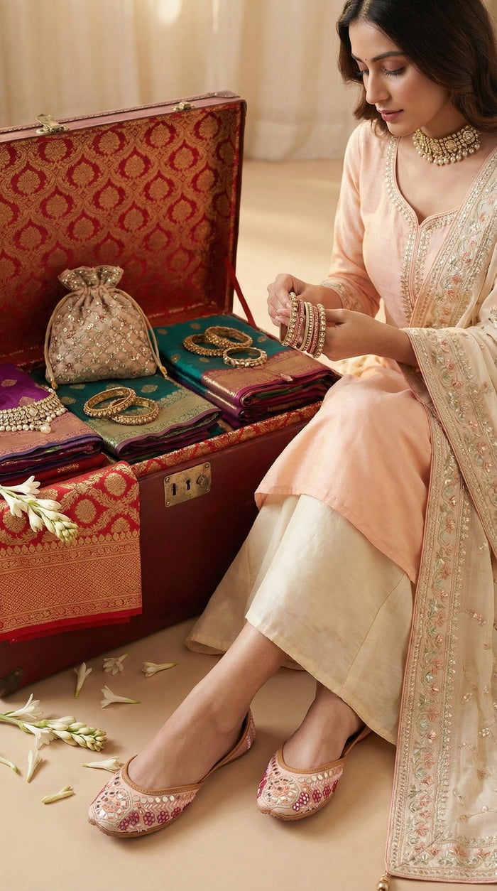 Mirage Blush Pink Jutti worn with Peach Kurta Set – Radiarte Bridal Trousseau Footwear