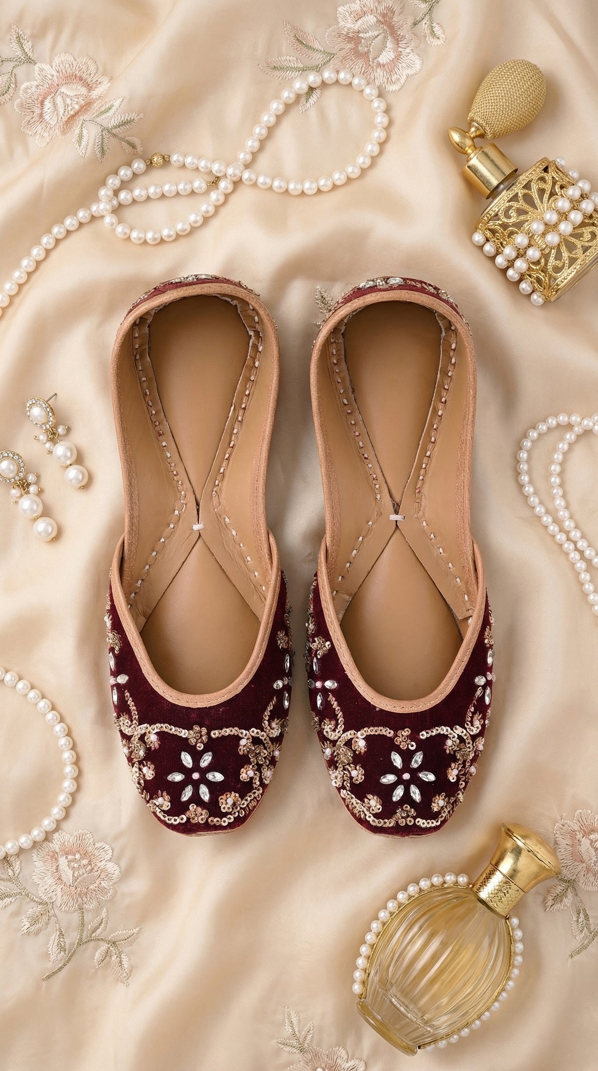 Crimson Maroon Velvet Crystal Jutti by Radiarte – Top View Flat Lay