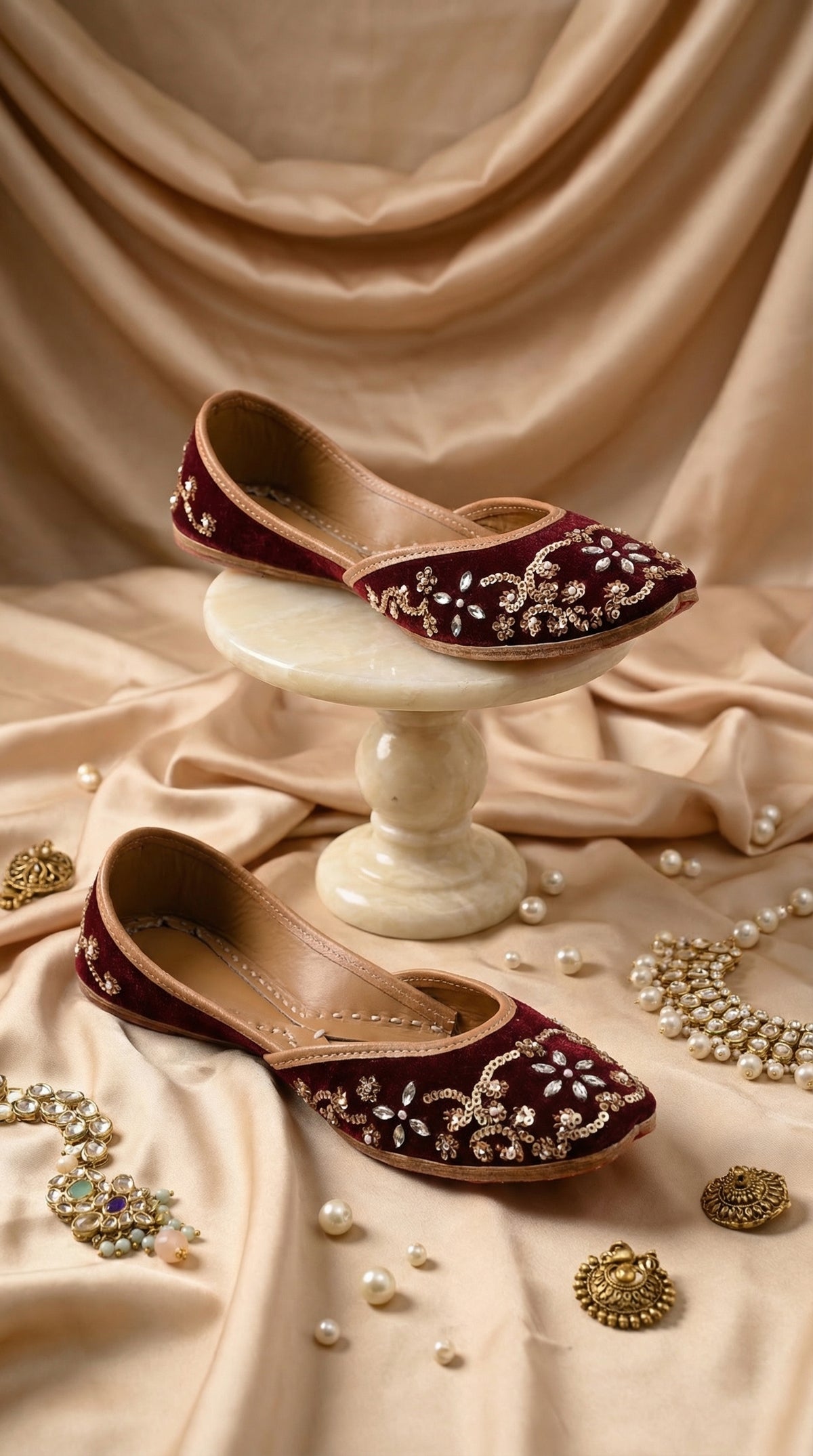 Crimson Handcrafted Maroon Velvet Jutti with Gold Sequin Work – Side View by Radiarte