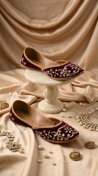 Crimson Handcrafted Maroon Velvet Jutti with Gold Sequin Work – Side View by Radiarte