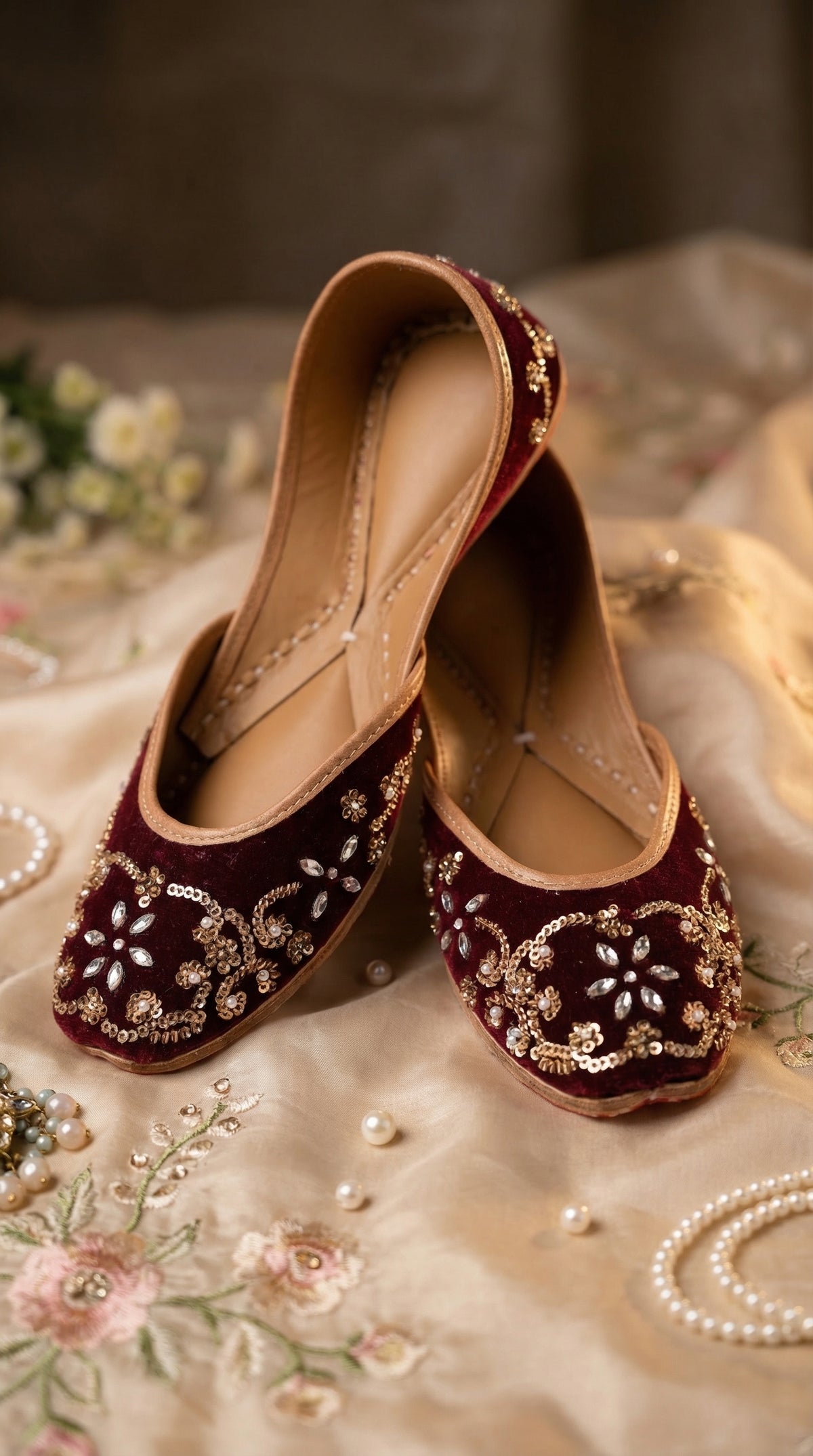 Crimson Maroon Jutti with Crystal Embellishment – Close Up Detail by Radiarte