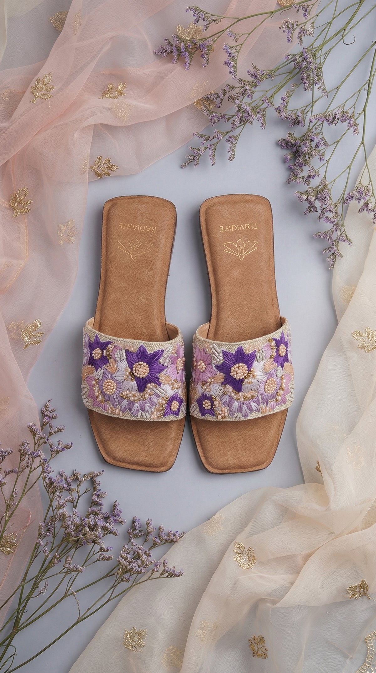Chamak Purple Floral Embroidered Flat Slide by Radiarte – Top View