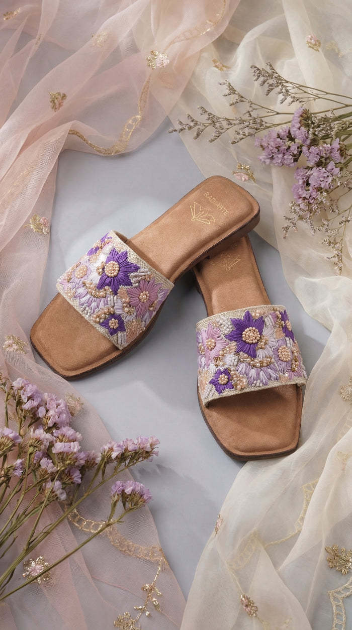 Chamak Handcrafted Purple Slide Sandal – Side View by Radiarte