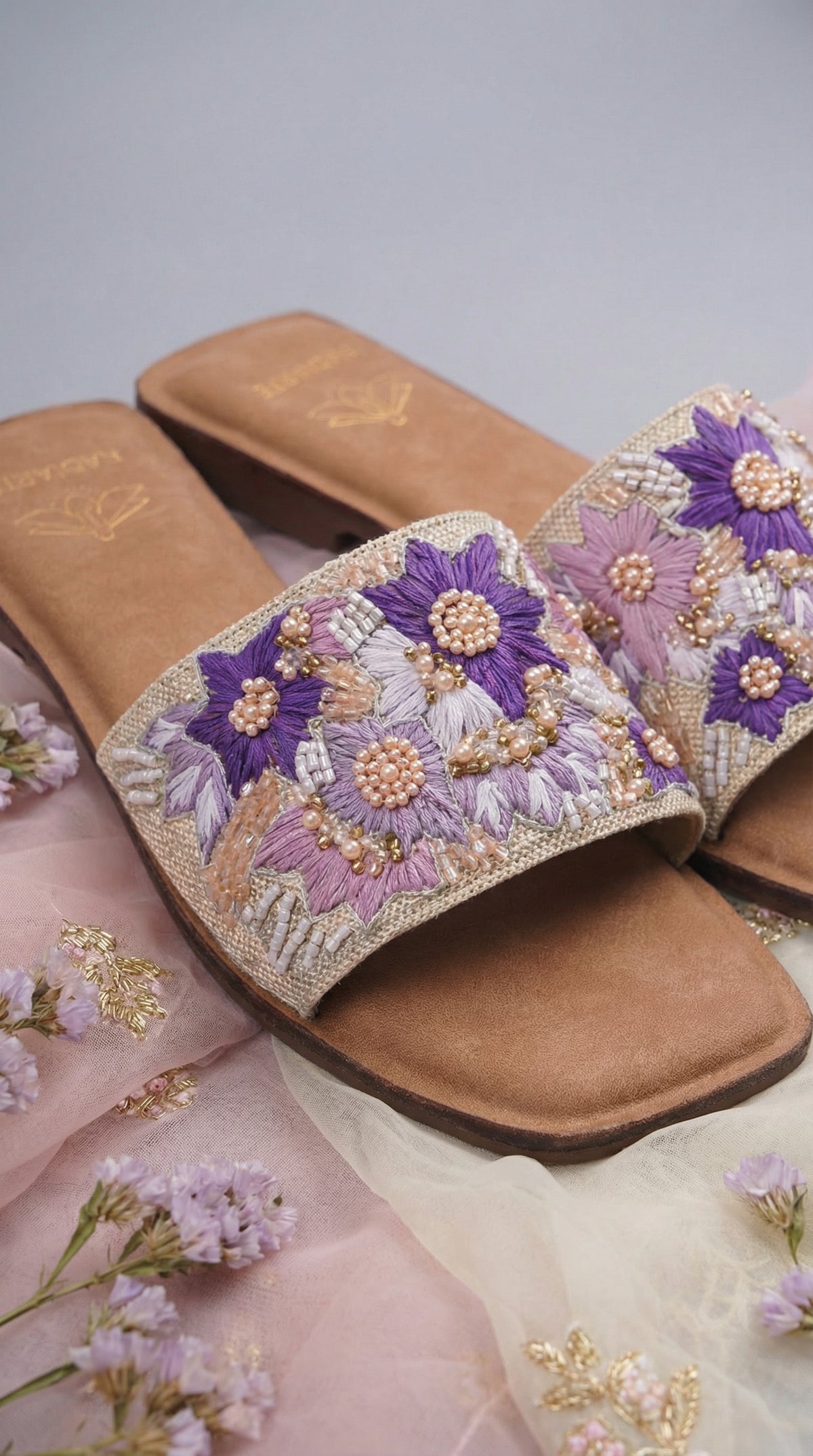 Chamak Purple Lavender Floral Slide – Close Up Embroidery Detail by Radiarte