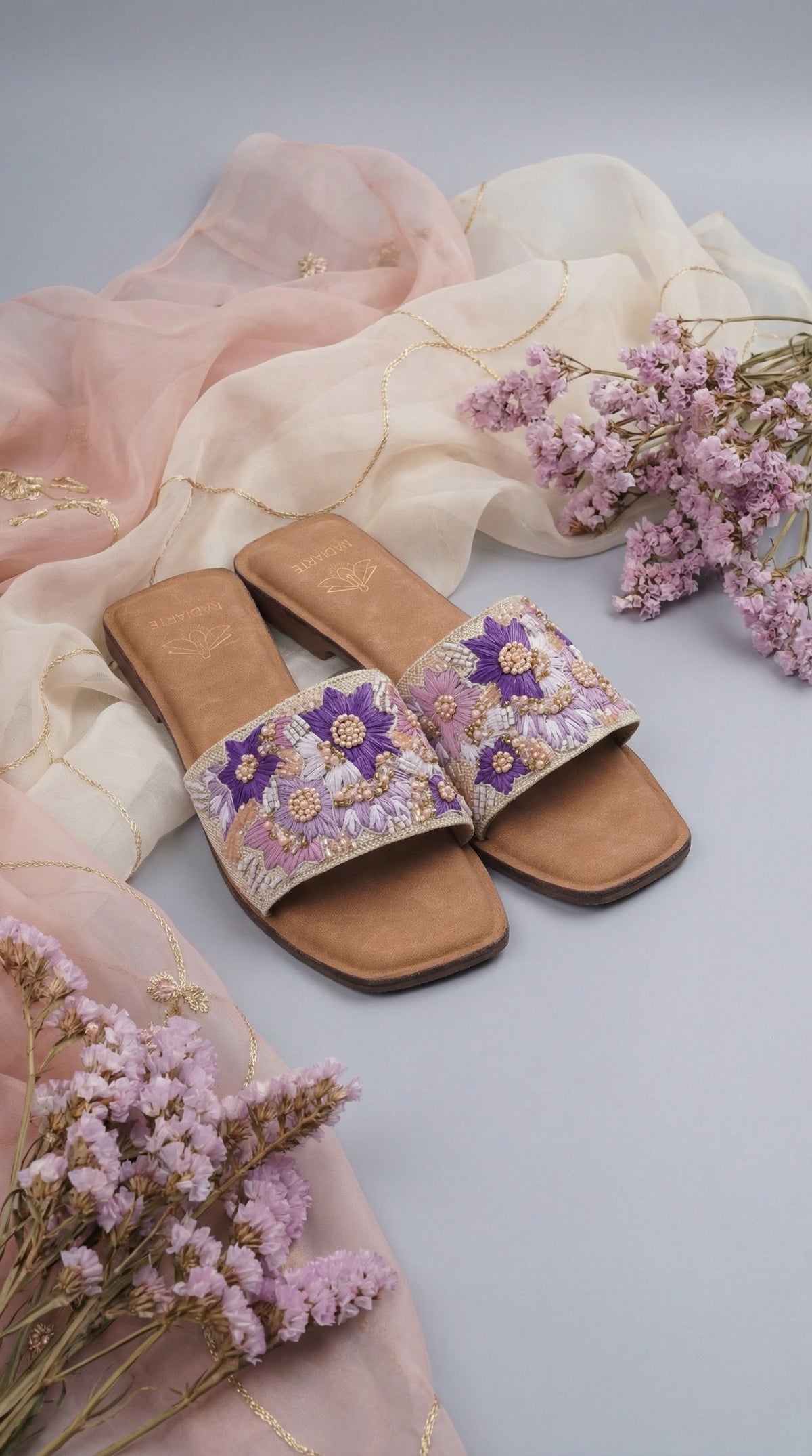 Chamak Flat Slide with Pearl Bead Embroidery – Front View by Radiarte
