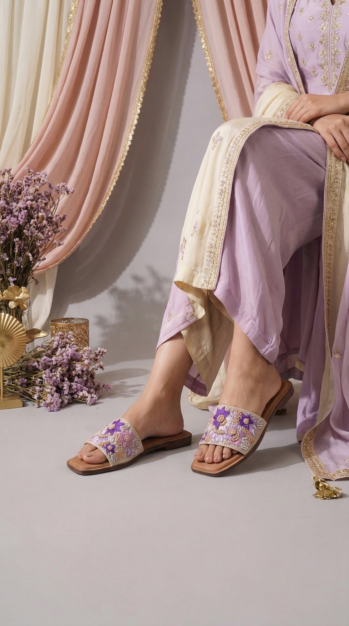 Chamak Embroidered Flat Slide worn with Purple Ethnic Outfit – Radiarte