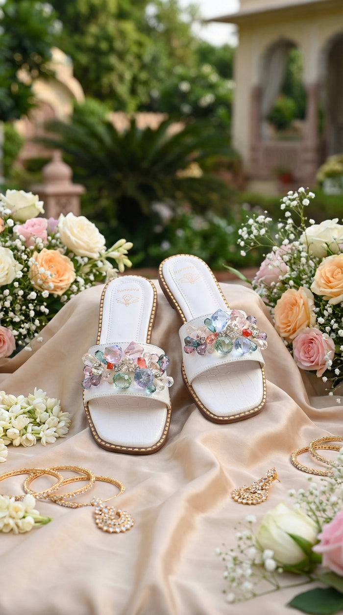 Frosted White Crystal Gem Flat Slide by Radiarte – Garden Flat Lay with Roses