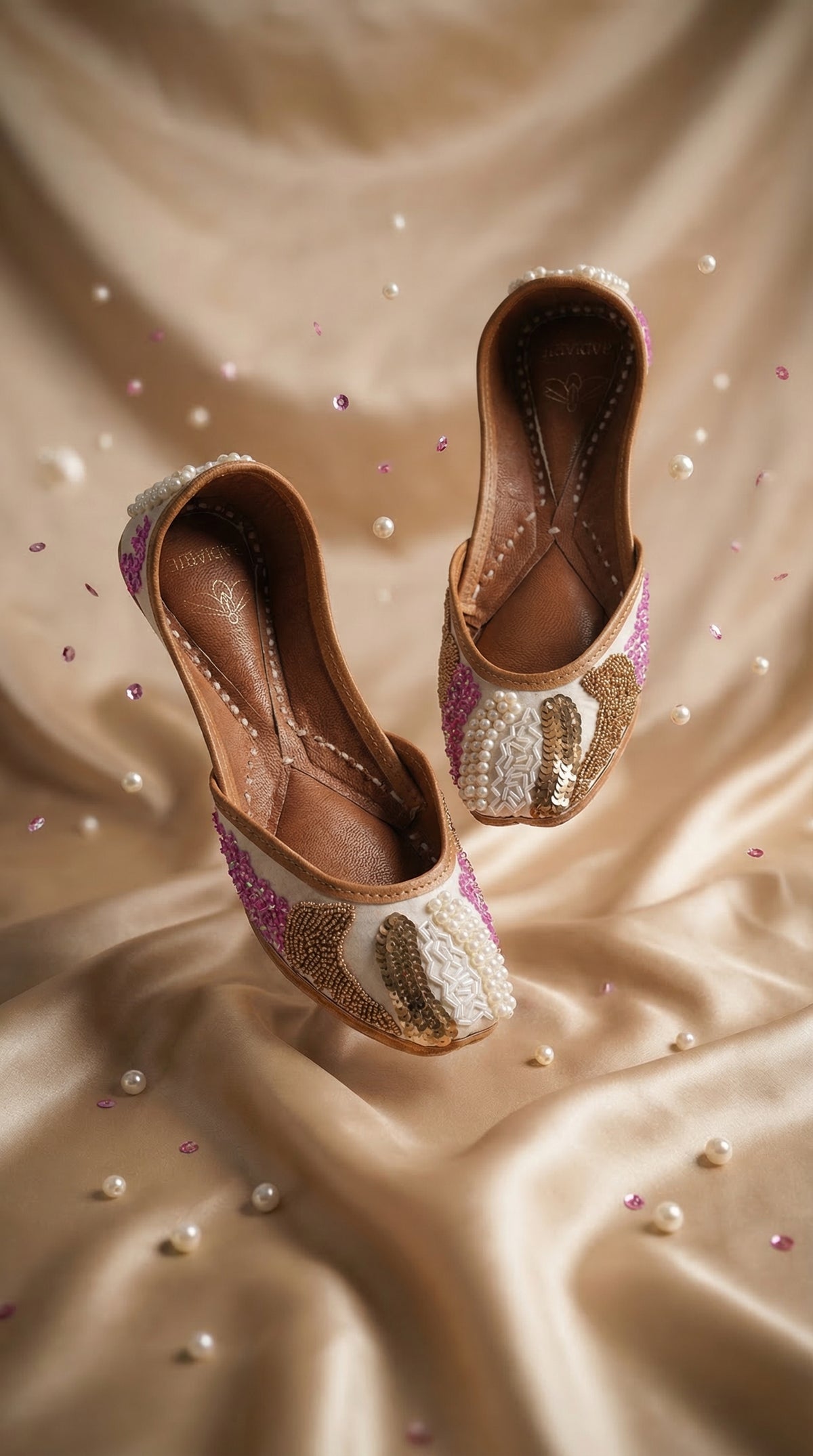 Dazzle White Pink Gold Pearl Jutti by Radiarte – Floating Flat Lay