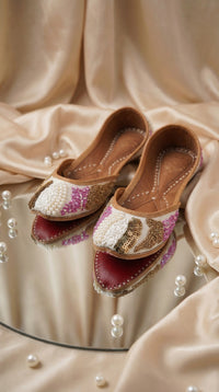 Dazzle Handcrafted White Jutti with Pink Beads & Gold Sequins – Side View by Radiarte