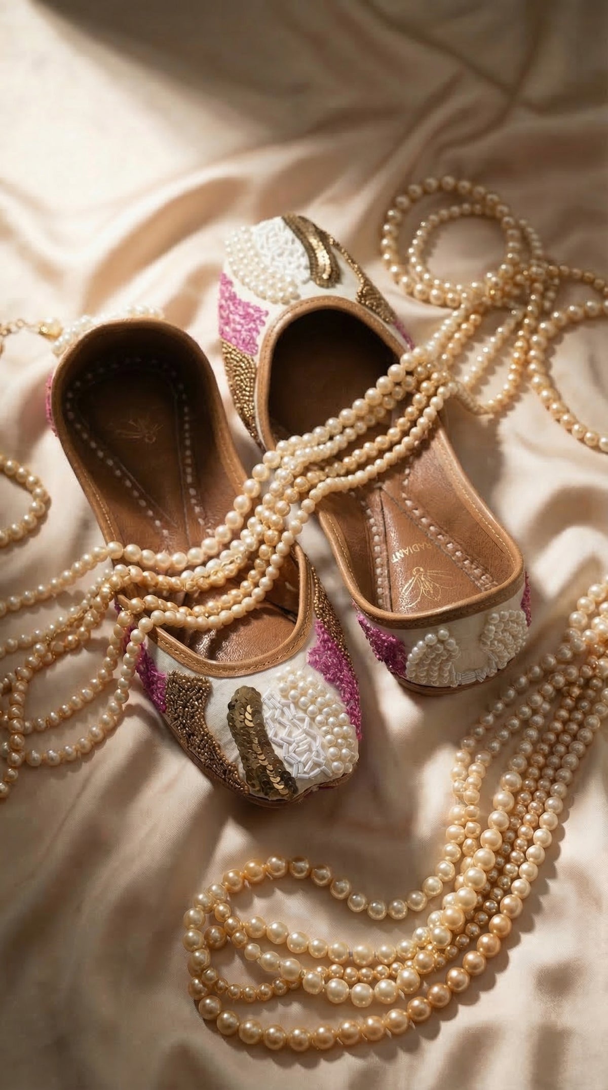 Dazzle White Pearl Pink Crystal Jutti – Close Up with Pearl Necklace by Radiarte