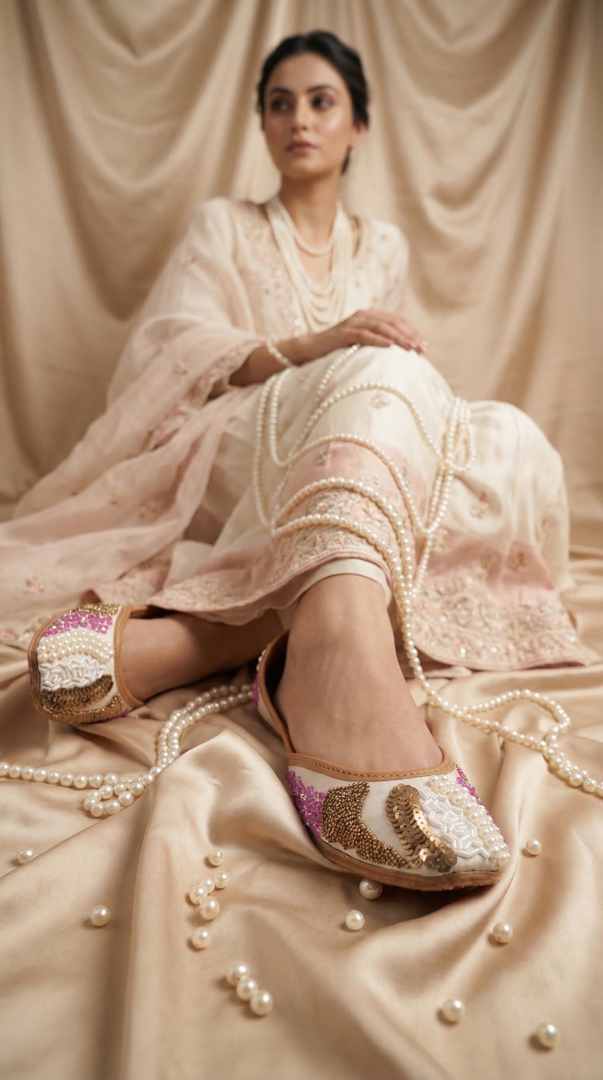 Dazzle White Embellished Jutti worn with Ivory Sharara – Radiarte Bridal Footwear