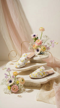 Daisy White Pastel Bead Flat Mule by Radiarte – Marble Platform Display