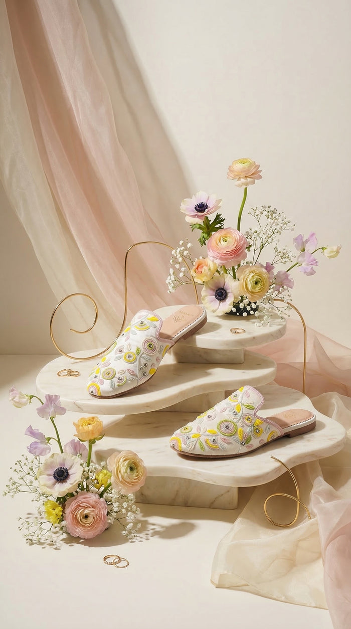 Daisy White Pastel Bead Flat Mule by Radiarte – Marble Platform Display