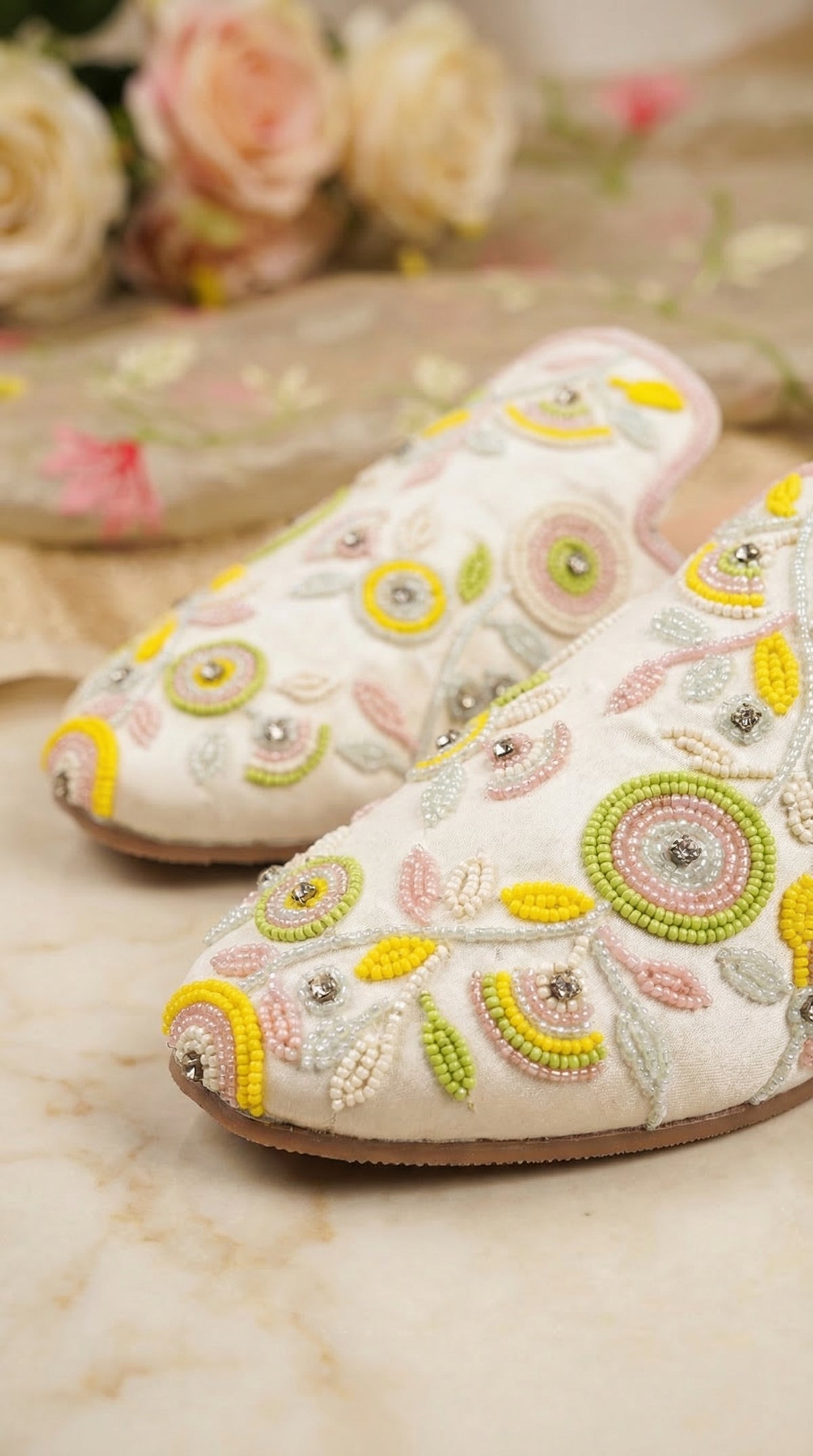 Daisy Handcrafted White Mule with Pastel Circular Bead Work – Close Up by Radiarte