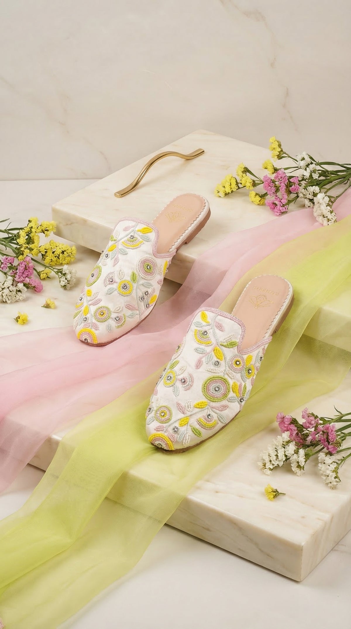 Daisy Flat Mule with Yellow Pink Green Bead Embroidery – Top View by Radiarte
