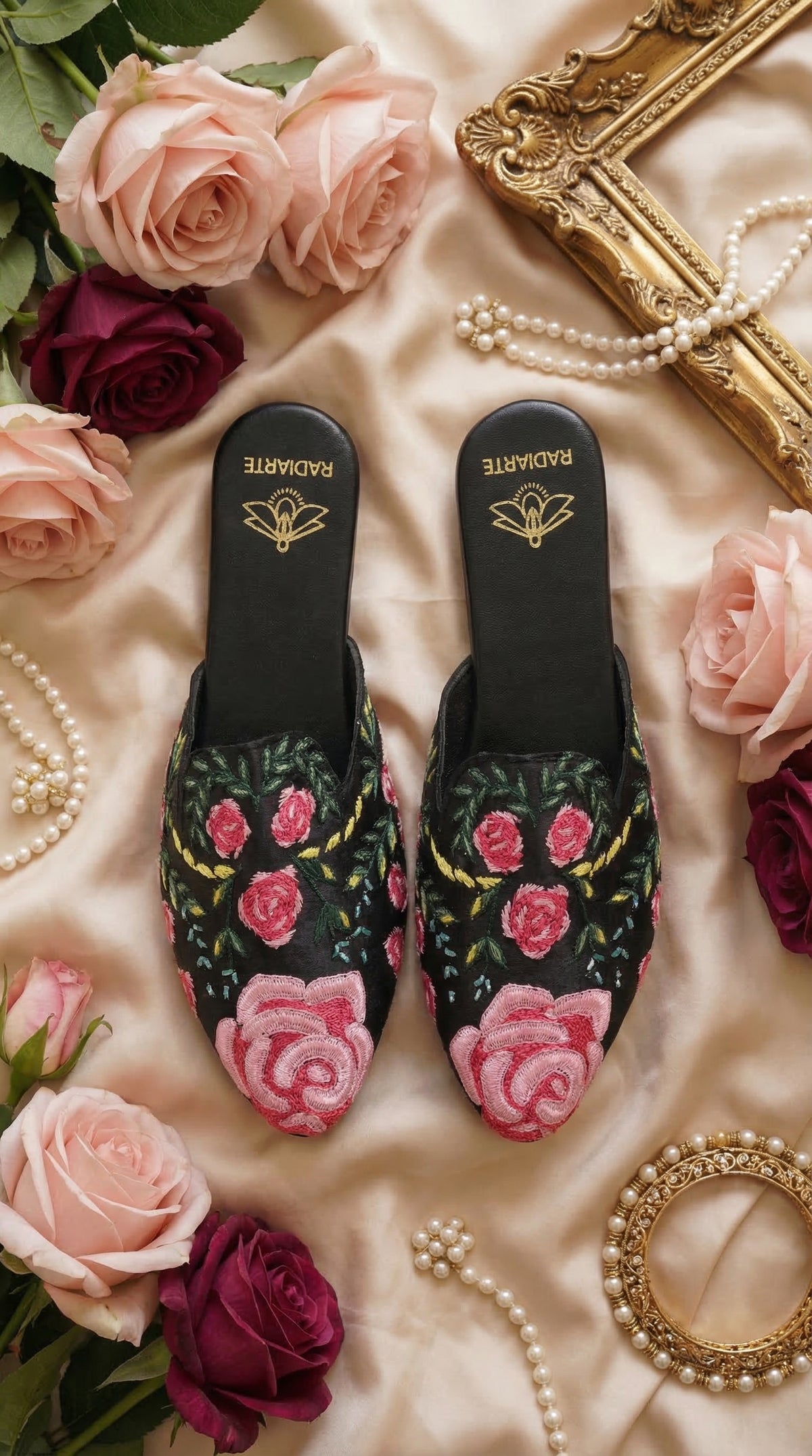 Gulab Black Pink Rose Embroidered Flat Mule by Radiarte – Top View Flat Lay