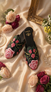 Gulab Black Rose Mule – Side View with Pink & Maroon Roses by Radiarte