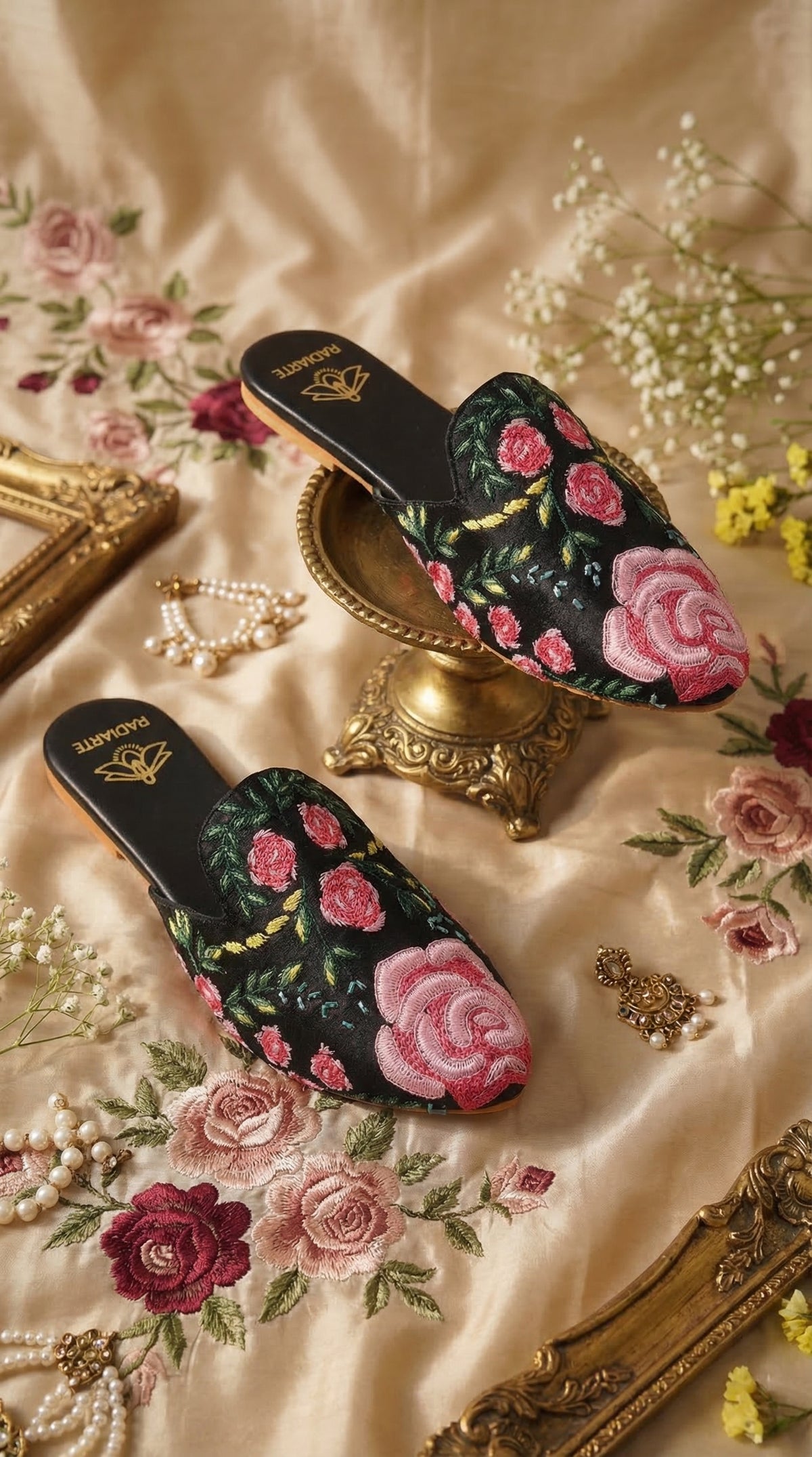 Gulab Handcrafted Black Mule with Pink Rose Embroidery – Display View by Radiarte