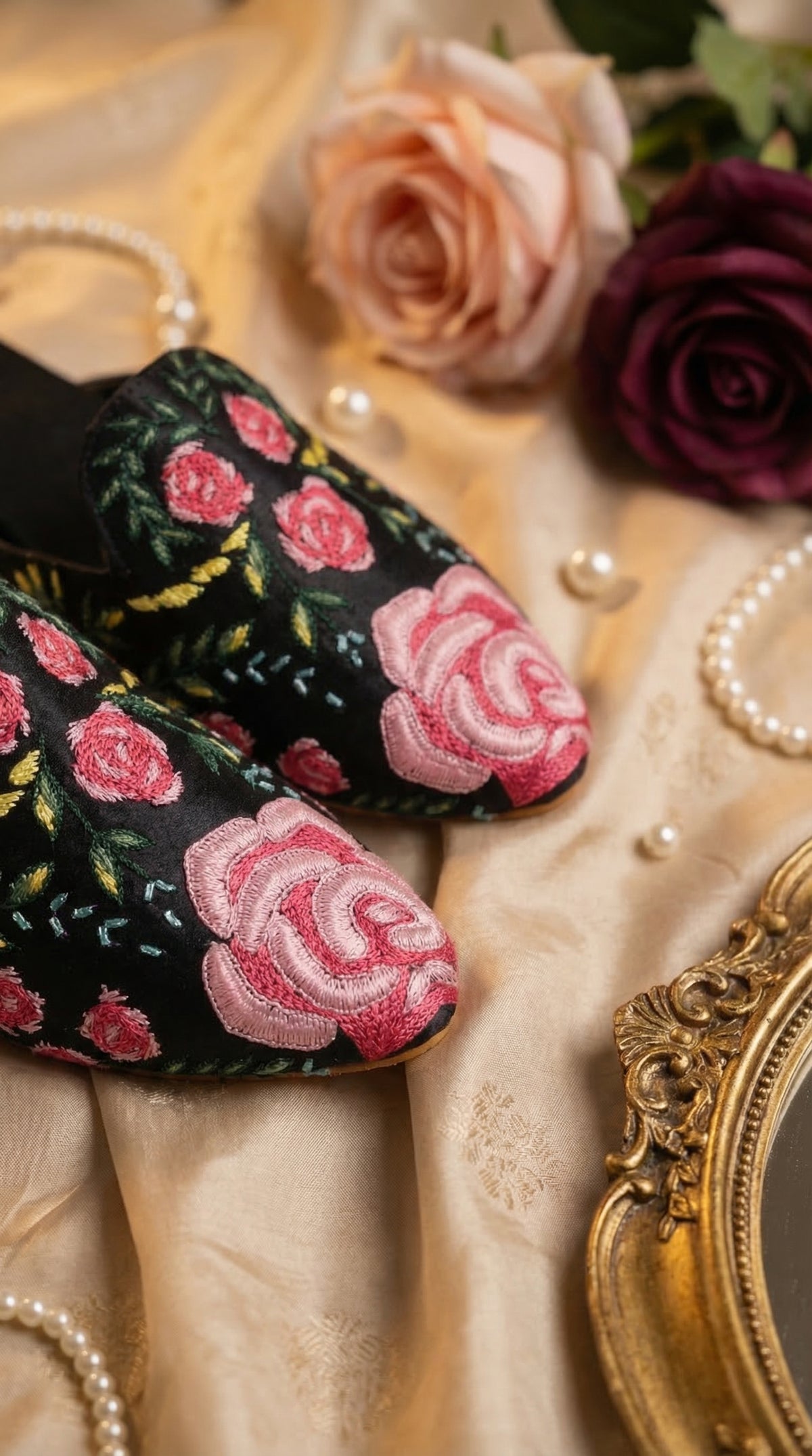 Gulab Black Rose Embroidered Mule – Close Up Floral Detail by Radiarte