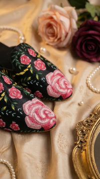 Gulab Black Rose Embroidered Mule – Close Up Floral Detail by Radiarte