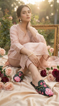 Gulab Black Pink Rose Mule worn with Blush Pink Kurta Set – Radiarte