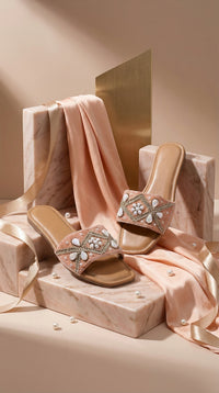 Peach Aura Pearl Beaded Slide Flat by Radiarte – Display on Pink Marble with Satin Ribbon & Pearls