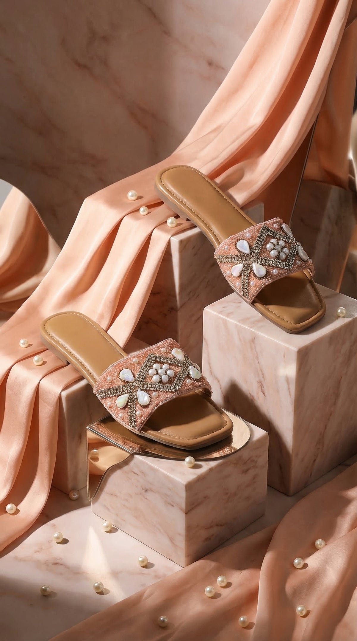 Peach Aura Pearl & Mother of Pearl Slide Flat – Staggered Marble Display with Scattered Pearls by Radiarte