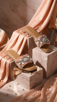 Peach Aura Pearl & Mother of Pearl Slide Flat – Staggered Marble Display with Scattered Pearls by Radiarte