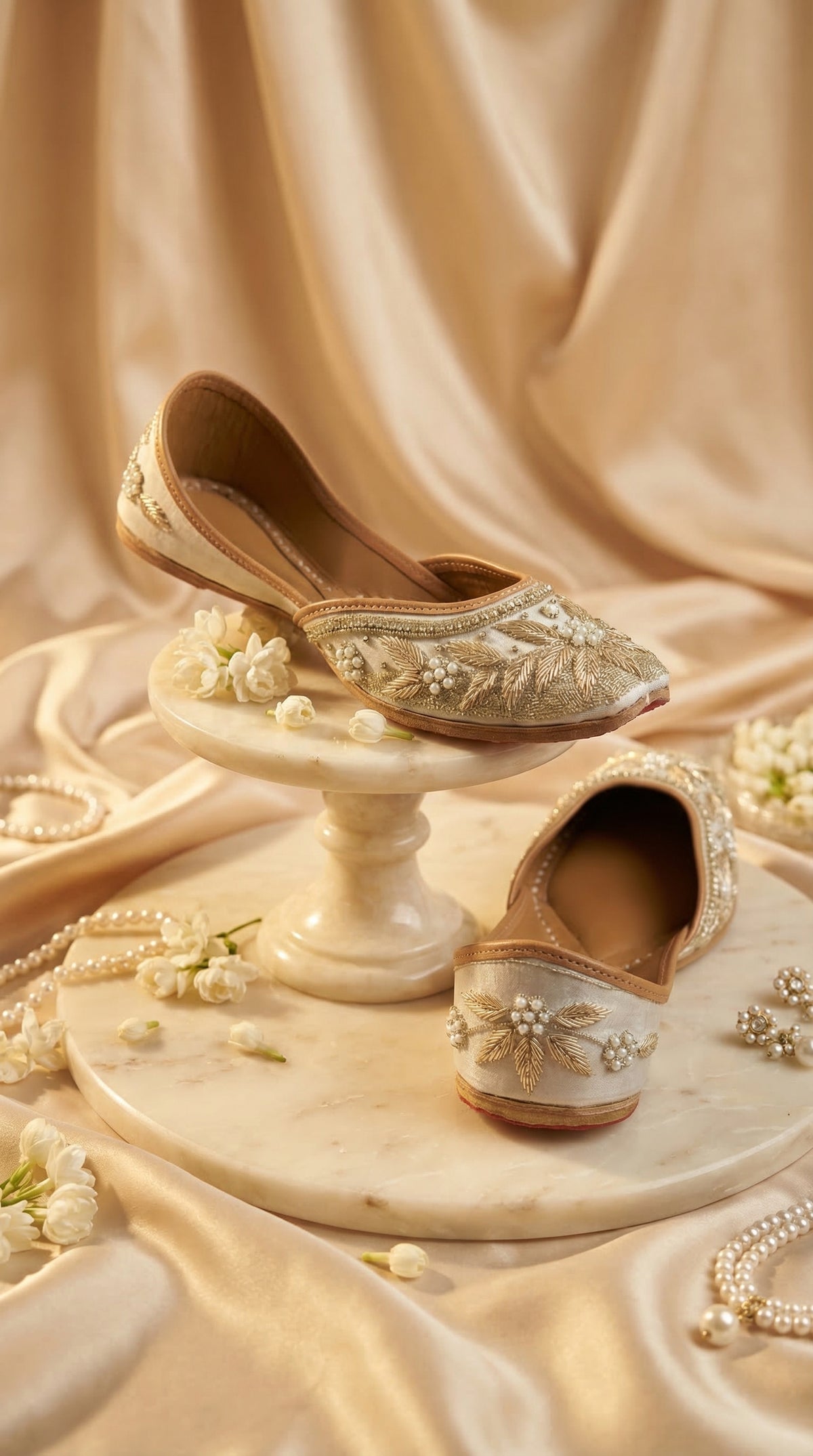 Tara handcrafted gold thread bridal jutti – elevated display on marble pedestal with champagne silk and jasmine