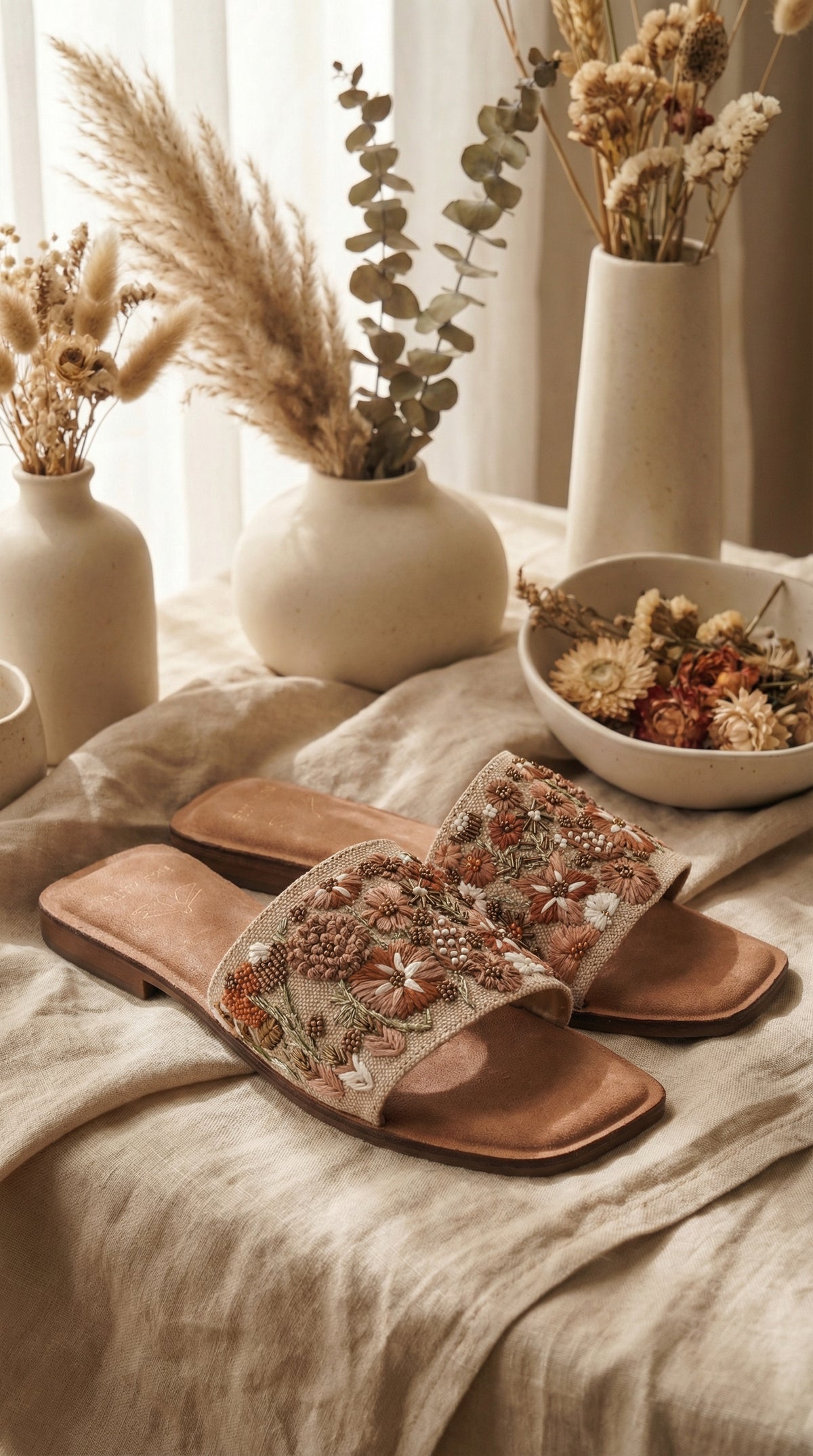 Vriksha beige boho floral embroidered slide flat by Radiarte – pair on linen with dried pampas and wildflower vases