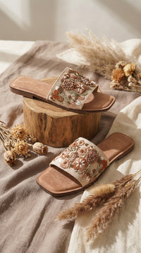 Vriksha beige wildflower embroidered slide flat – split display on wooden log with dried botanicals Radiarte