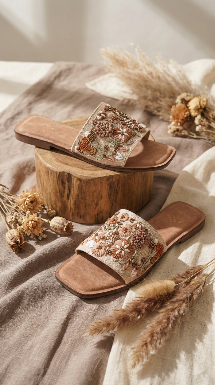 Vriksha beige wildflower embroidered slide flat – split display on wooden log with dried botanicals Radiarte