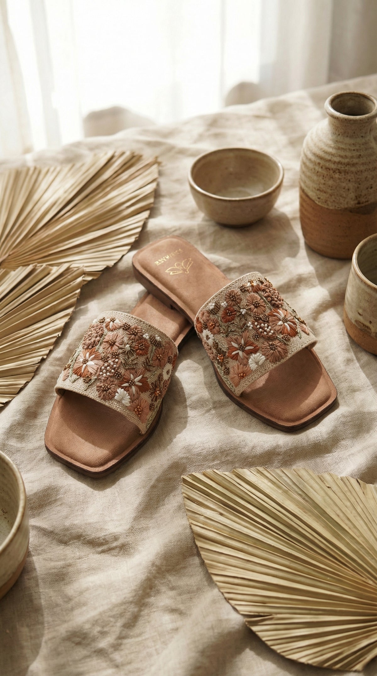 Vriksha terracotta floral slide flat pair – display on linen with dried palm fans and ceramic vessels Radiarte