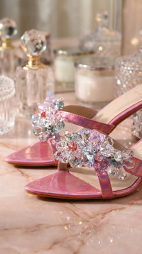 Nova Crystal Flower Embellishment Close-Up on Pink Iridescent Strap Heel – Radiarte