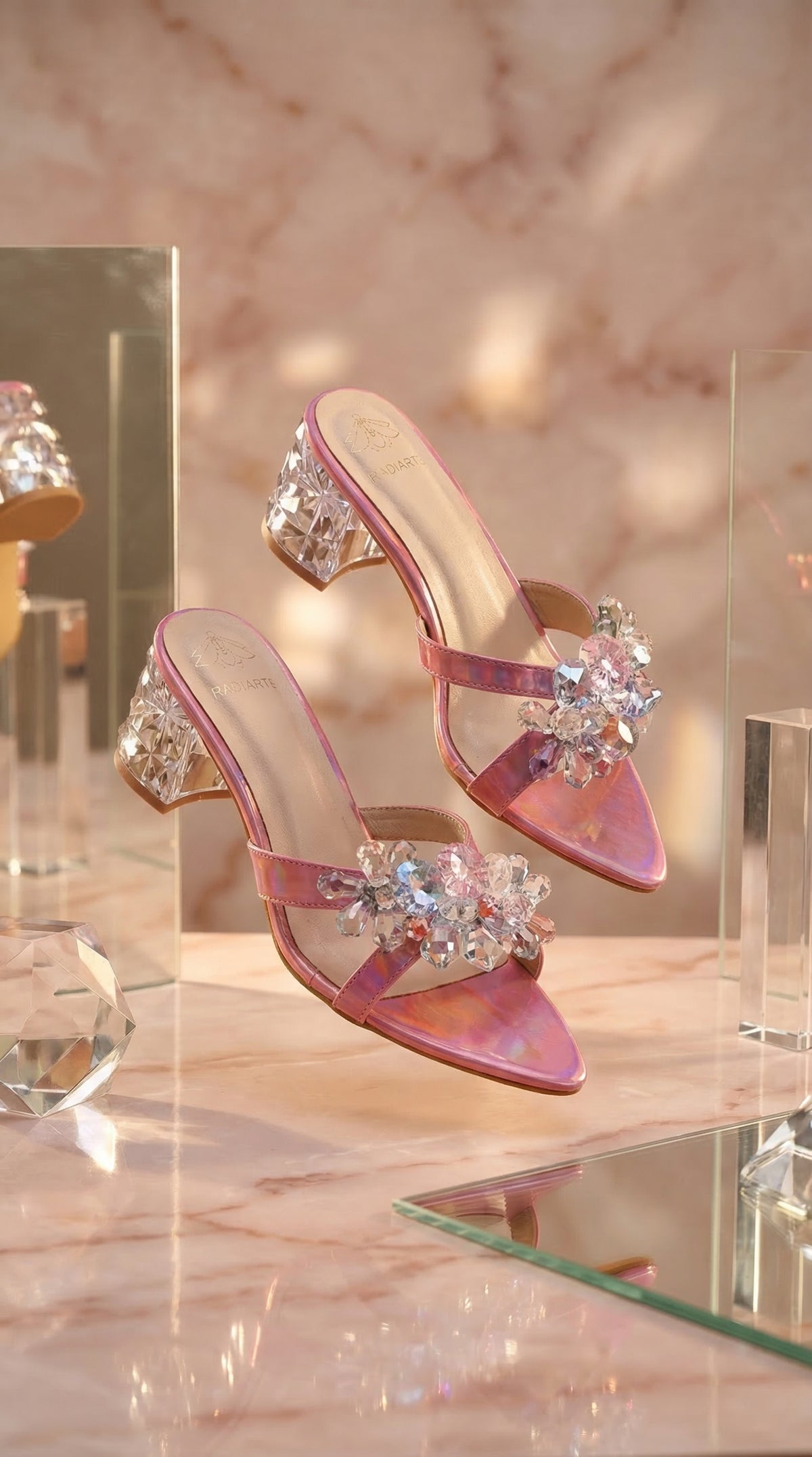 Nova Pink Crystal Block Heel Mule Pair – Floating Display with Mirror & Glass Props by Radiarte