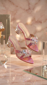 Nova Pink Crystal Block Heel Mule Pair – Floating Display with Mirror & Glass Props by Radiarte