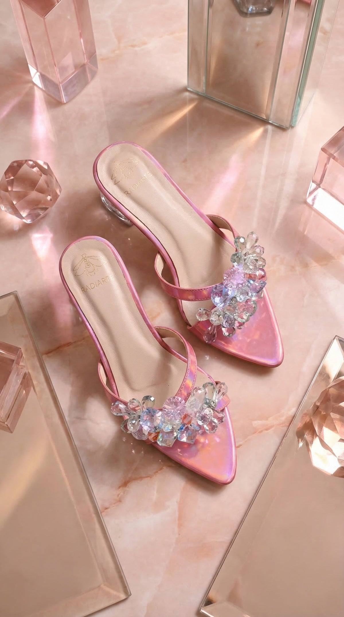 Nova Iridescent Pink Heel Mule – Top View on Pink Marble with Crystal Props by Radiarte