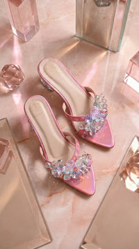 Nova Iridescent Pink Heel Mule – Top View on Pink Marble with Crystal Props by Radiarte