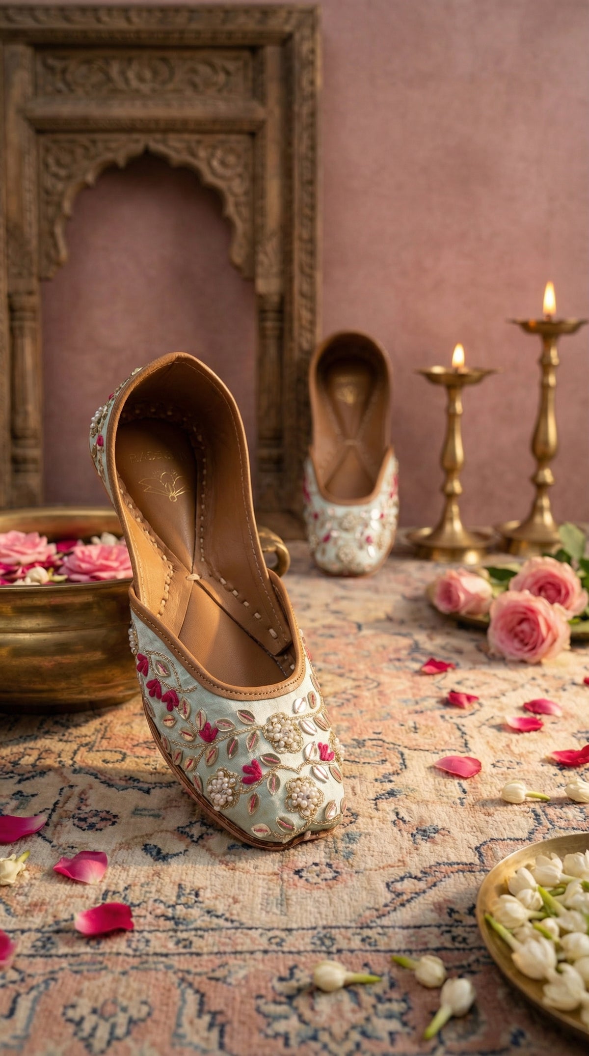 Samundar handcrafted bridal jutti – close-up of pearl rosette and mirror work on powder blue silk