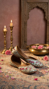 Samundar bridal jutti pair – front angle display with brass candlesticks and Mughal frame by Radiarte