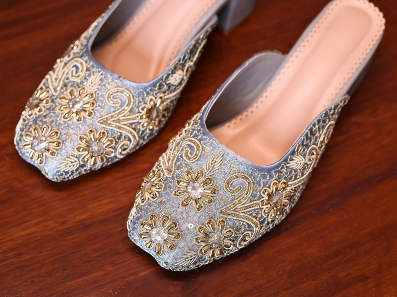 AABROO – Powder Blue Embroidered 2.5 Inch Heel Slides for Women